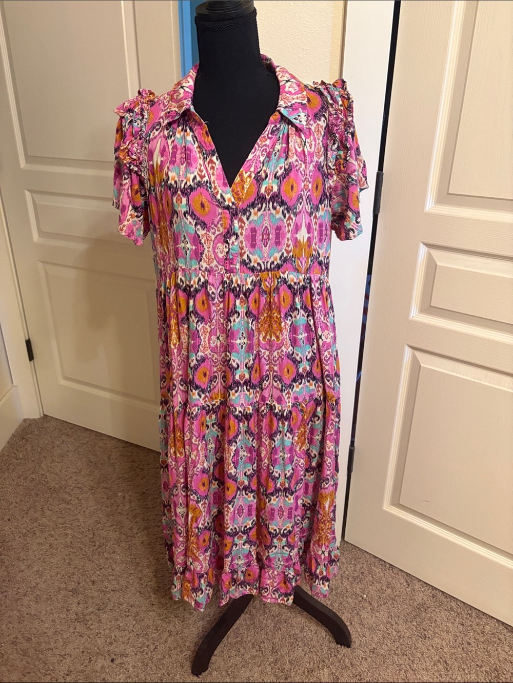 Umgee Pink Multicolor Ikat Printed Midi Dress